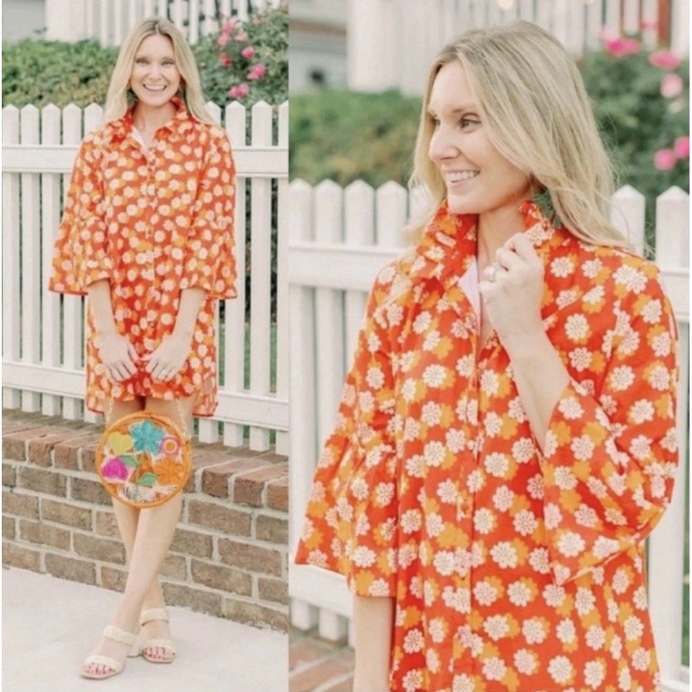 VICTORIA DUNN Shirt Dress Size XL Pawleys Folly Retro Floral Orange Flounce Mini